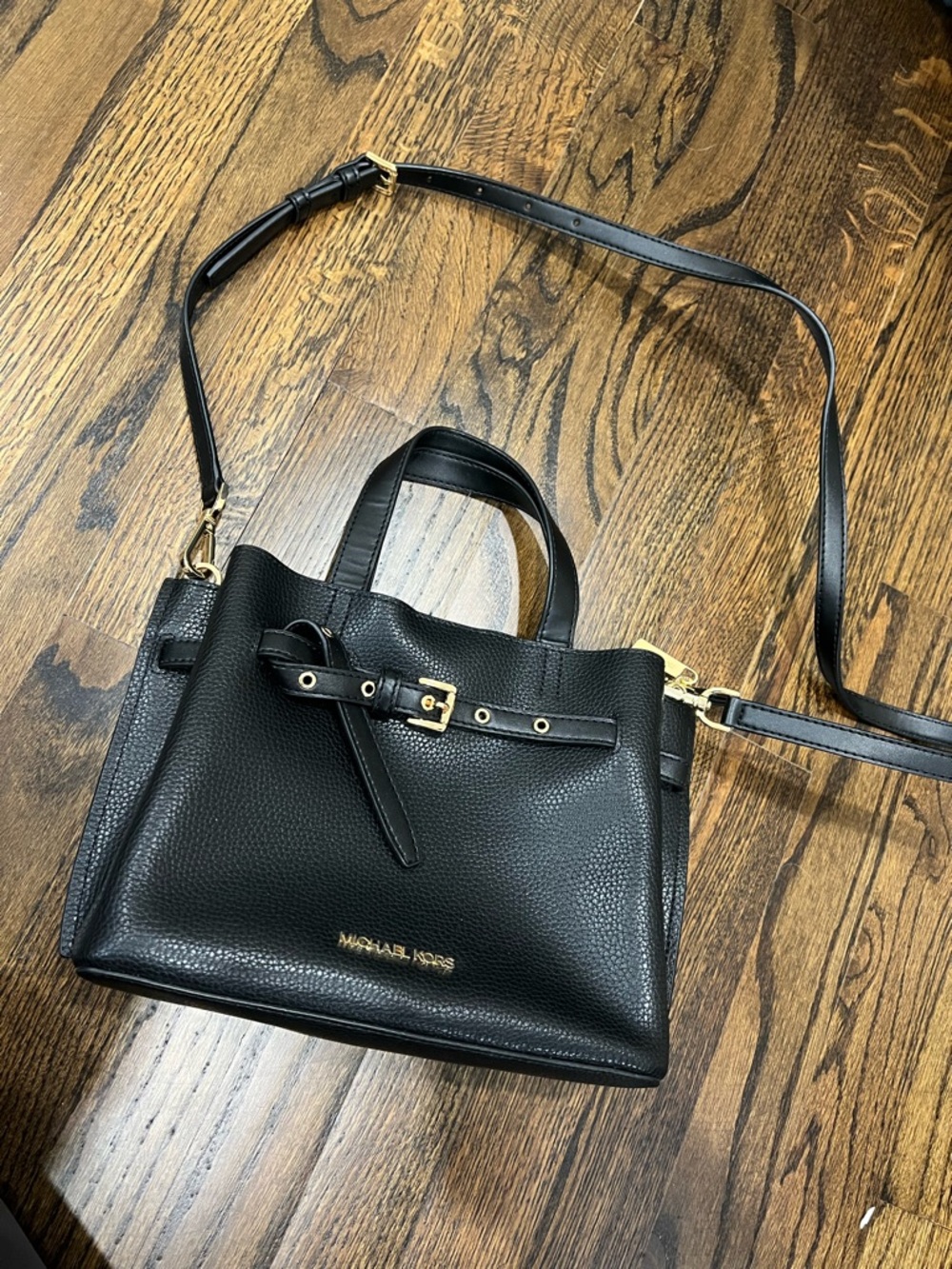 Michael Kors Black Pebbled Leather Crossbody Satchel with Gold Accents